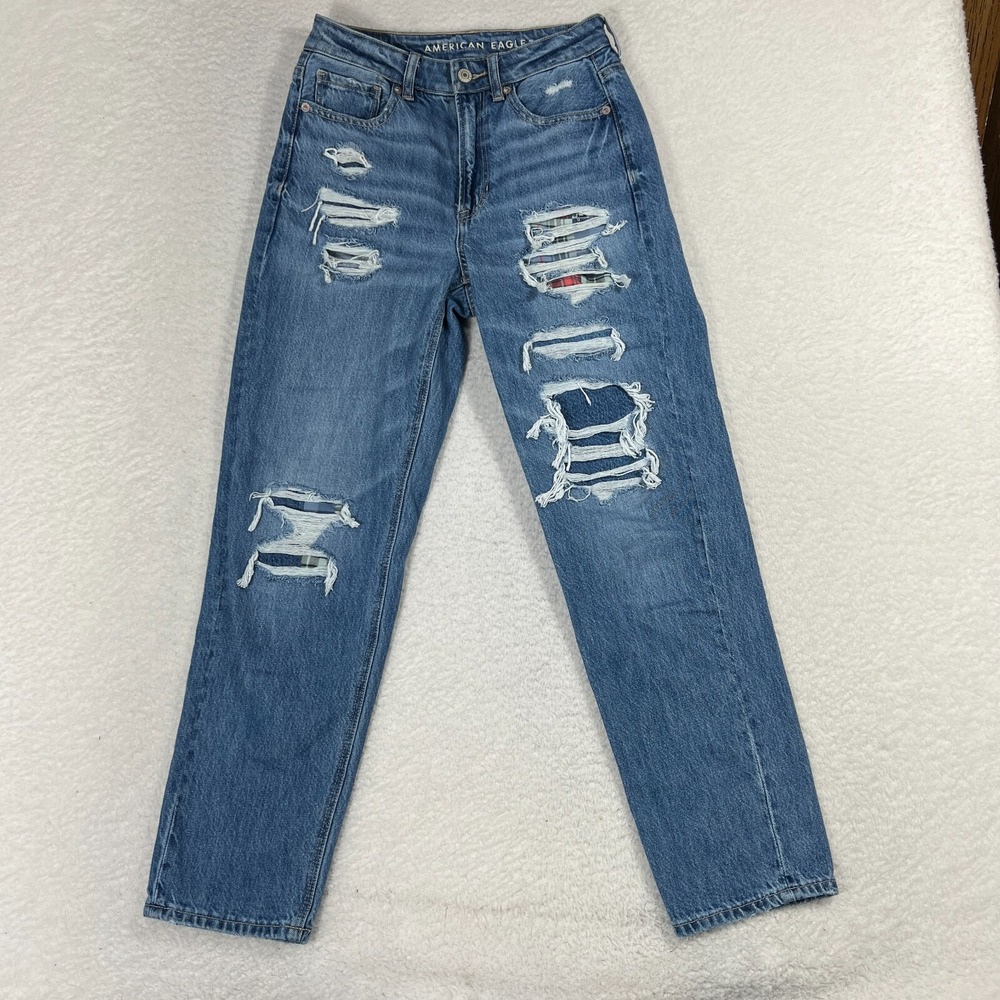 American Eagle Jeans Women 2 Blue Mom Straight Denim Distressed Plaid 25x27